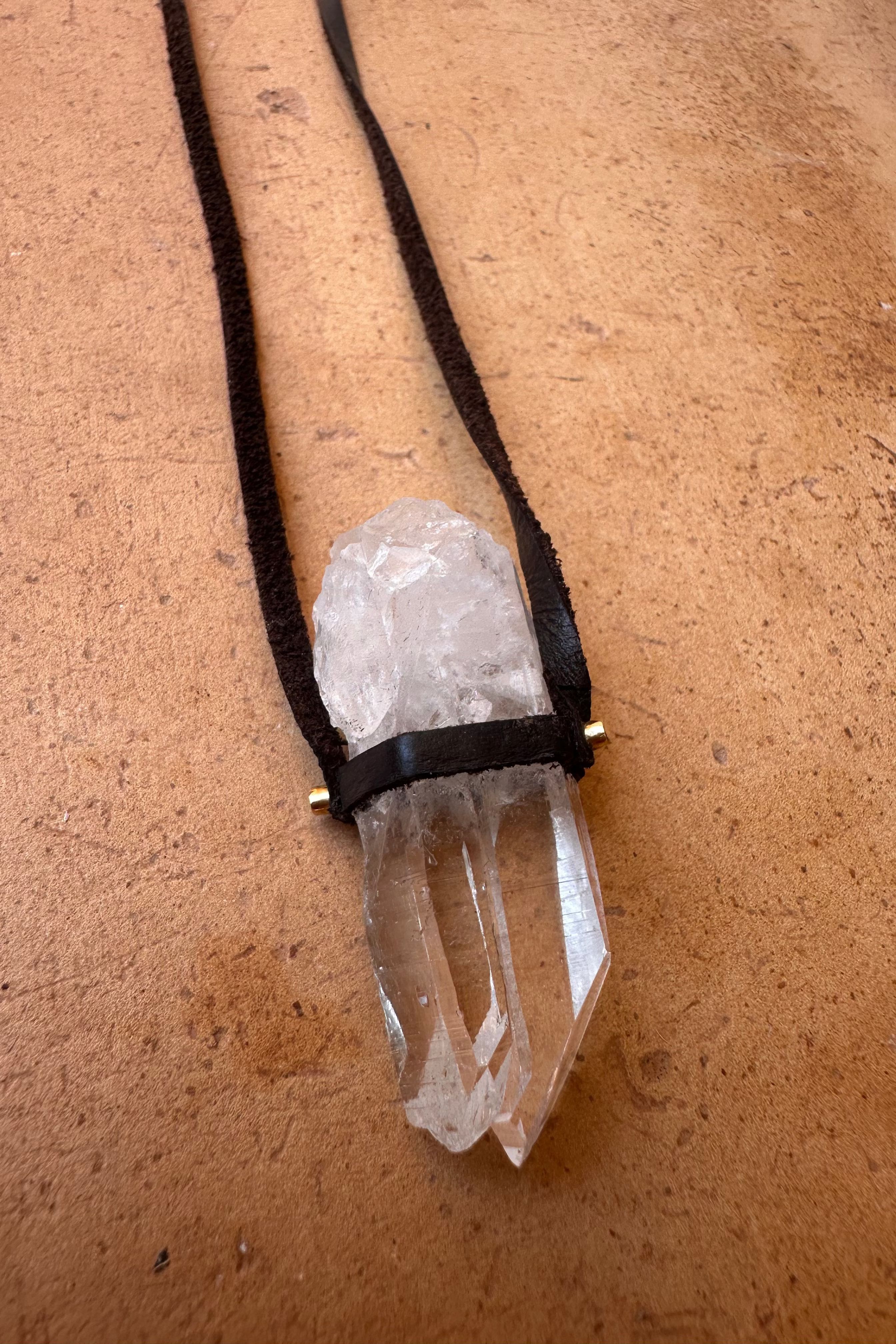 Clear Quartz Point Small Amulet - Raw (leather)