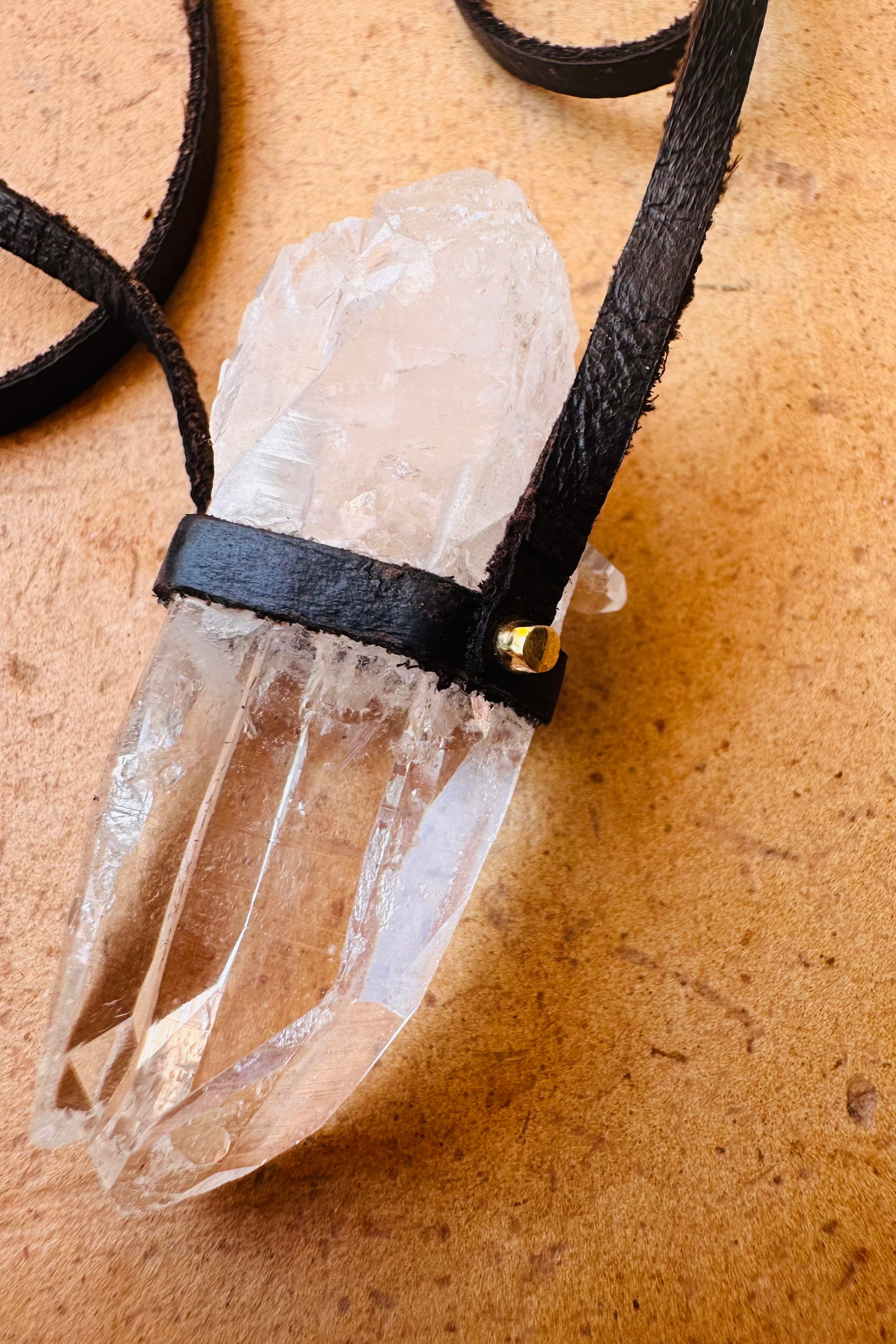 Clear Quartz Point Small Amulet - Raw (leather)