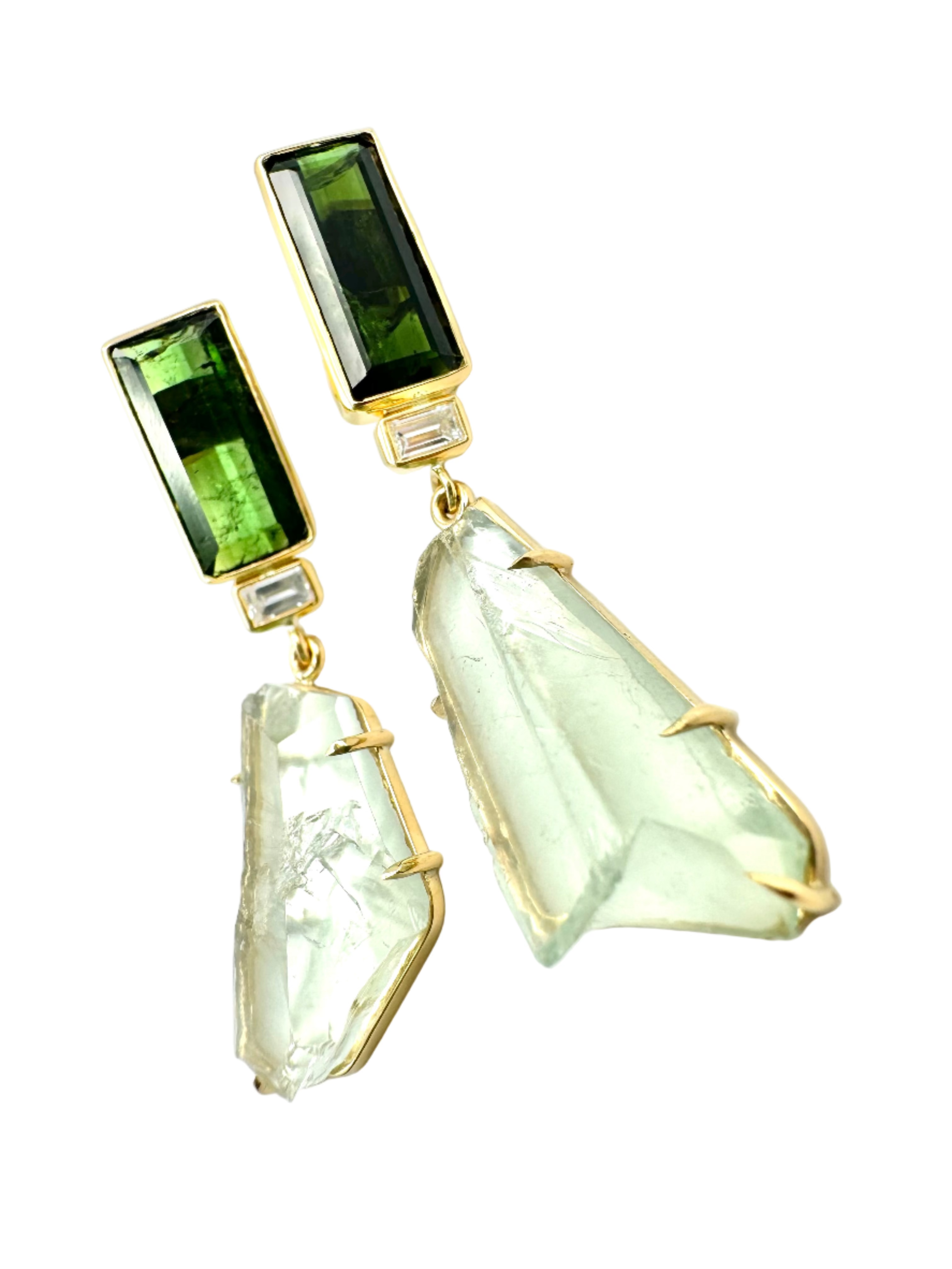 Classic Cut-Raw Green Tourmaline, Diamond & Phenite Lui Earrings-Y18k