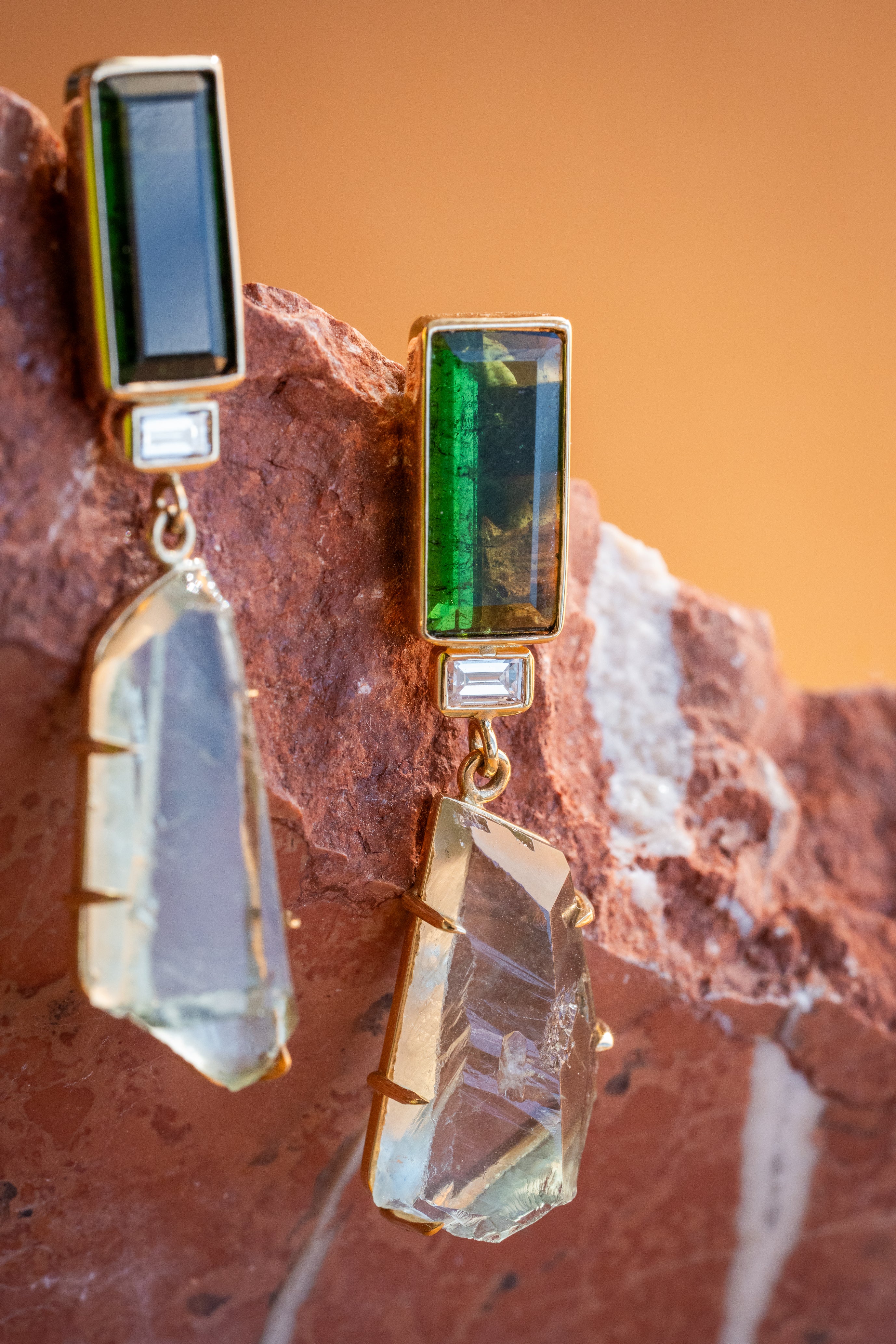 Classic Cut-Raw Green Tourmaline, Diamond & Phenite Lui Earrings-Y18k