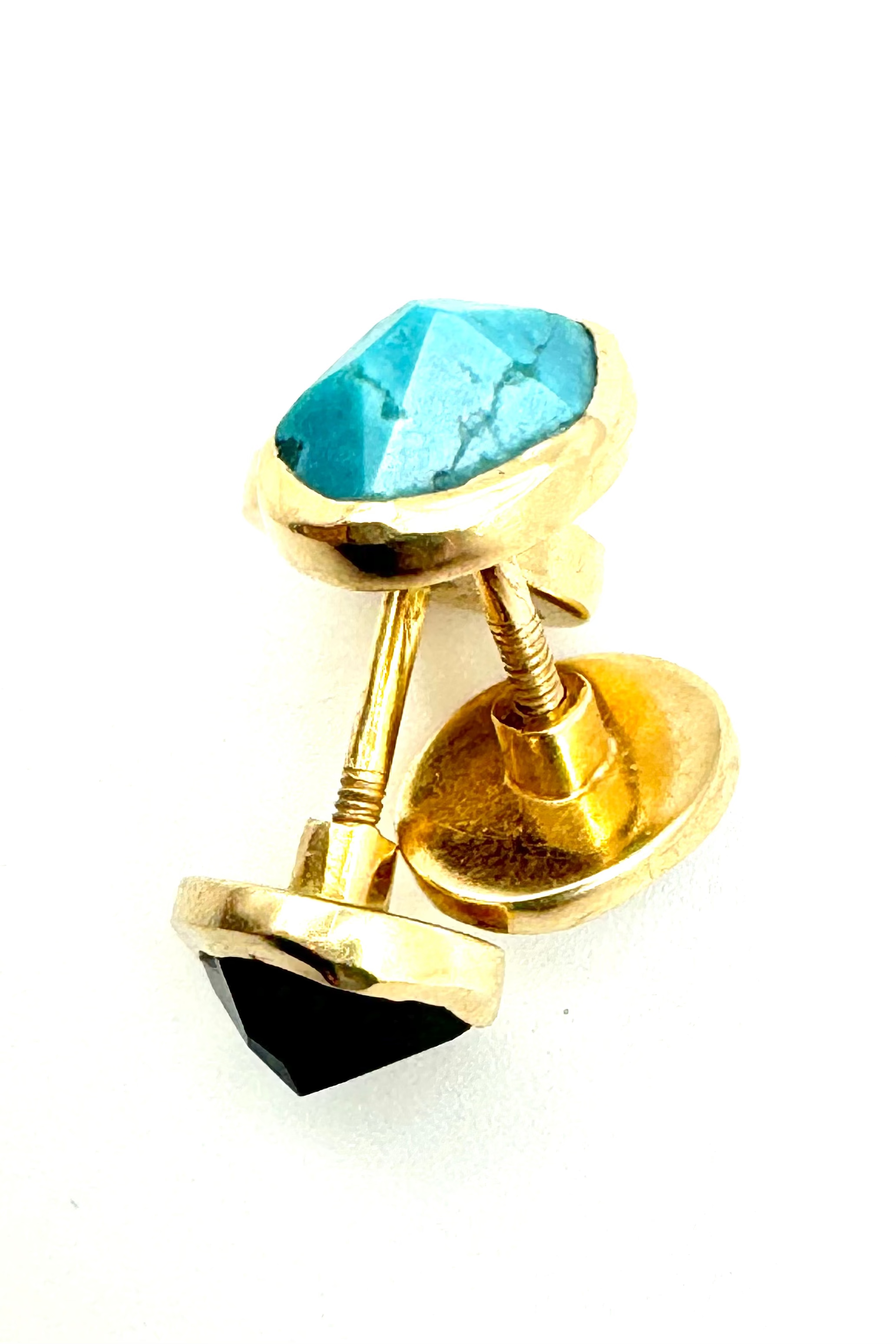 Classic Organic Turquoise & Black Onix Double Star Earrings-Y14k