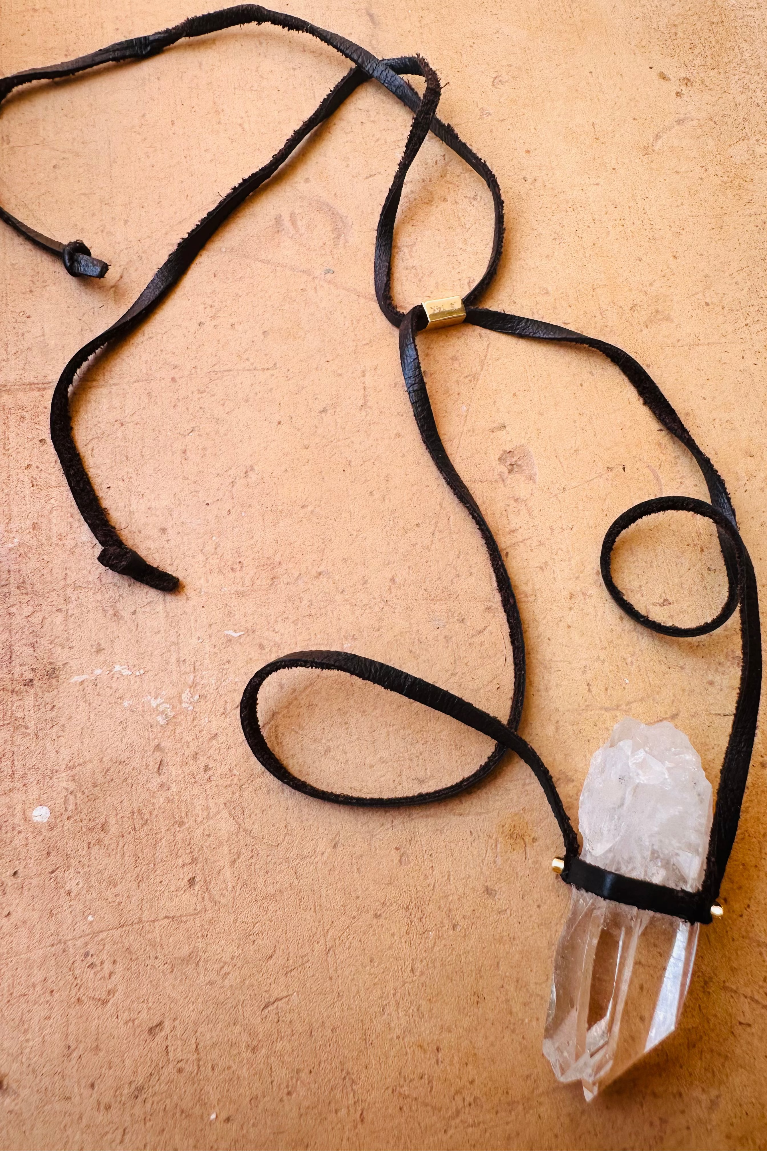 Clear Quartz Point Small Amulet - Raw (leather)