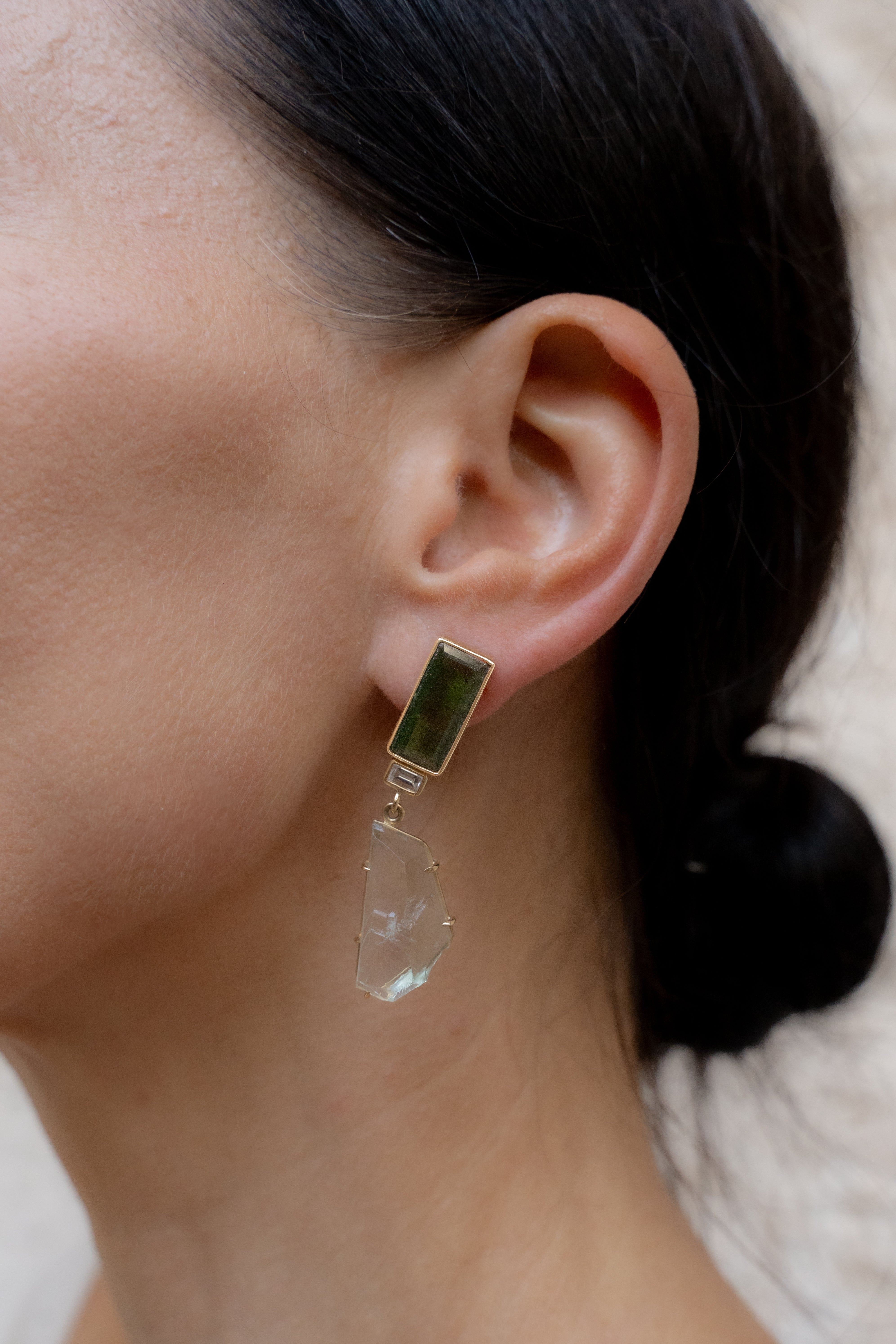 Classic Cut-Raw Green Tourmaline, Diamond & Phenite Lui Earrings-Y18k